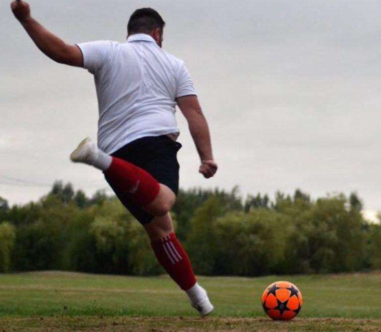 Footgolfer Blake Cavender teeing off at Magnolia Park in Buckinghamshire