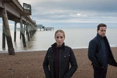 Stars of new ITV drama Liar, Joanne Froggatt and Ioan Gruffudd by Deal Pier. Picture courtesy of ITV