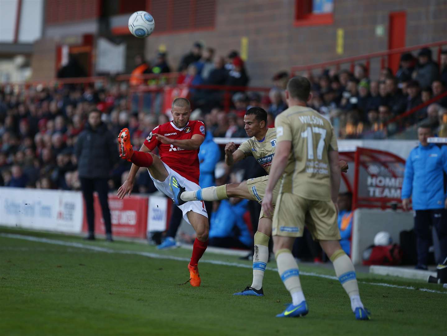 Luke Coulson gets stuck in against Barrow Picture: Andy Jones