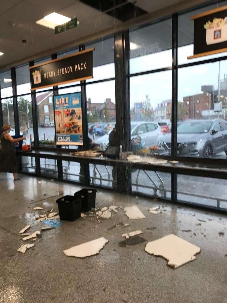 The roof tile debris at the front of Aldi in Deal