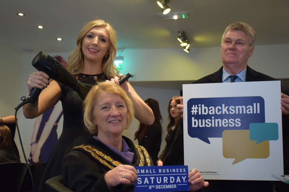 Cllr John Balcombe with Mayor, Sasha Luck as she gets her hair styled by Lucy Goble at Tonbridge’s Toni and Guy Salon