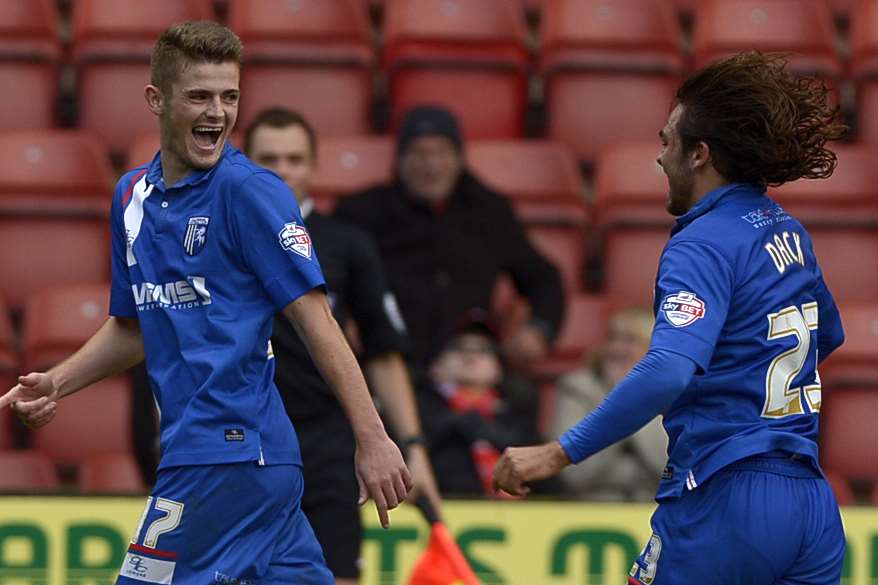 Rory Donnelly and Bradley Dack celebrate Donnelly's 90th-minute winner at Crewe Picture: Barry Goodwin