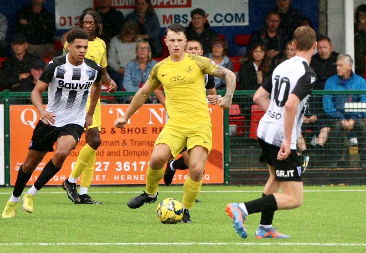 Defender Harrison Pont – scored but was later sent-off in their 2-1 home derby defeat to Ramsgate on Monday. Picture: James Aylward