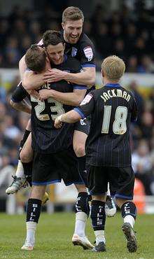 Chris Whelpdale is congratulated after scoring at Bristol Rovers