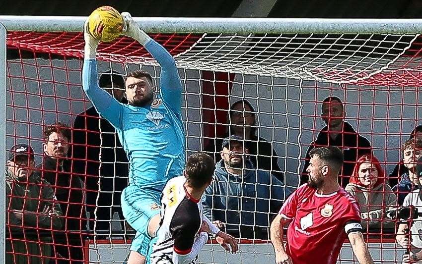 Whitstable goalkeeper Jordan Perrin is one of Michael West’s new team-mates who he previously has played with at Herne Bay. Picture: Les Biggs