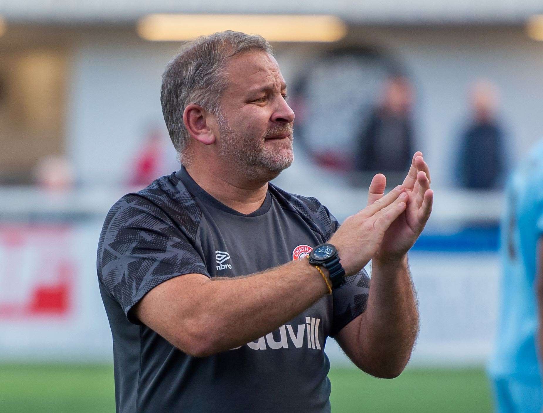 Chatham manager Kevin Hake thanks the supporters after their FA Cup defeat against Slough Picture: Ian Scammell