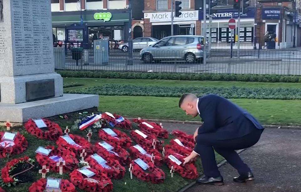 Britain First leader Paul Golding laying a wreath at the Dartford war memorial