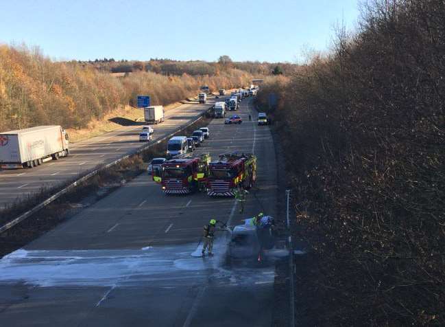 Fire engines are using foam to extinguish the blaze. Photo: Twitter @Logibear13 RT by @Kent_999s