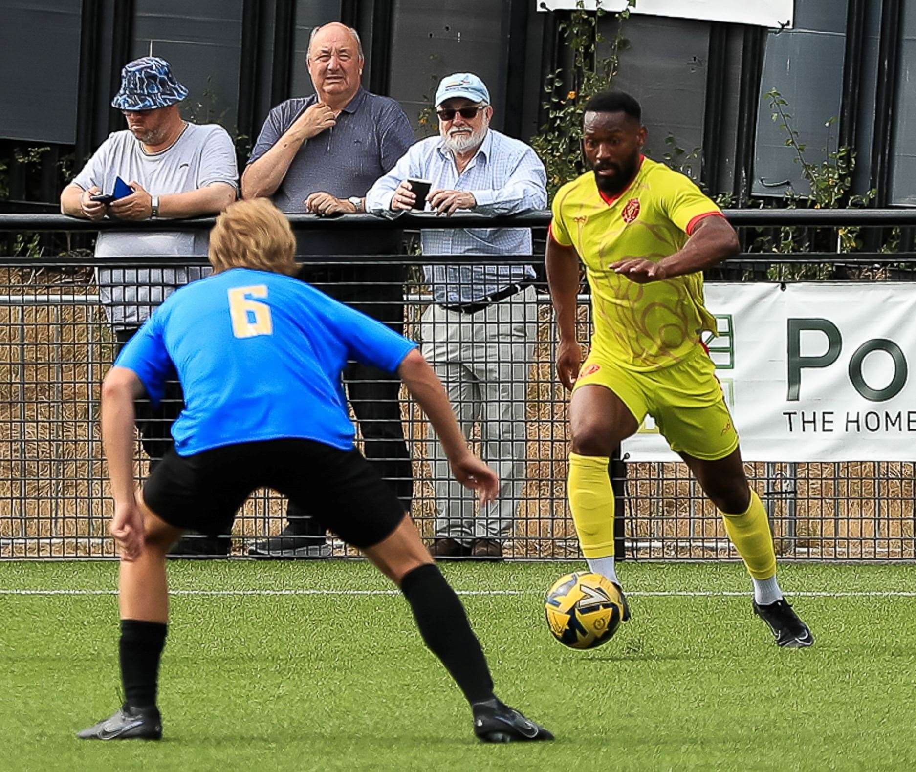 Whitstable’s Jerald Aboagye on the ball against Sevenoaks during the Oystermen’s 2-1 FA Cup defeat on Saturday. Picture: Les Biggs