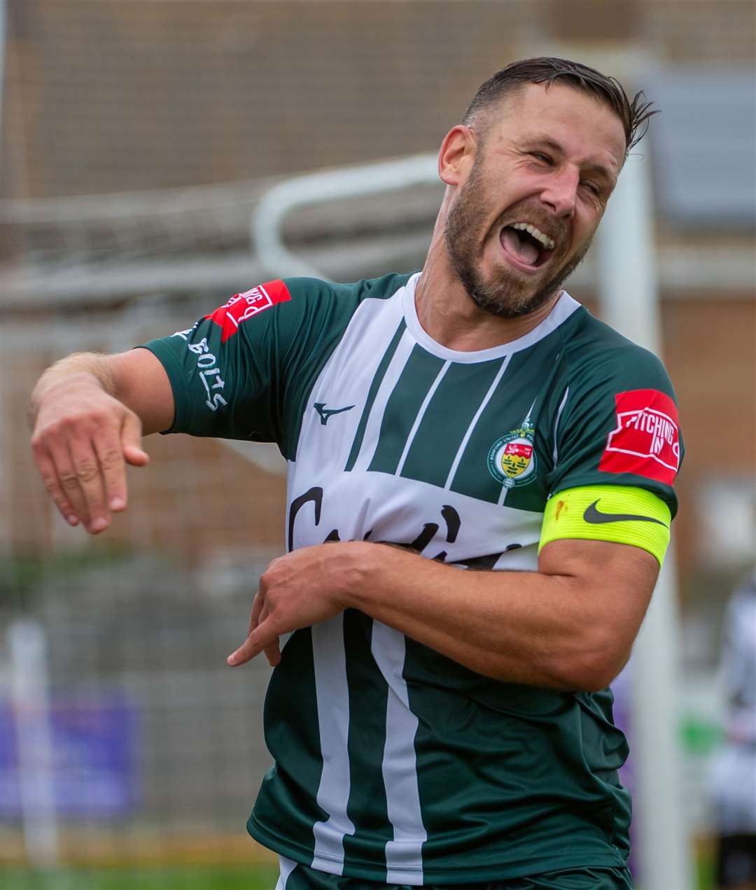 Ashford United defender Craig Stone celebrates his winner at Deal. Picture: Ian Scammell