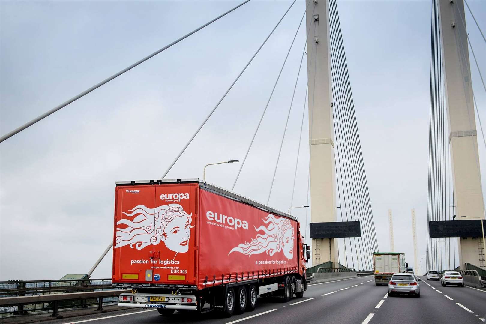 A Europa lorry crosses the QEII Bridge back into Dartford