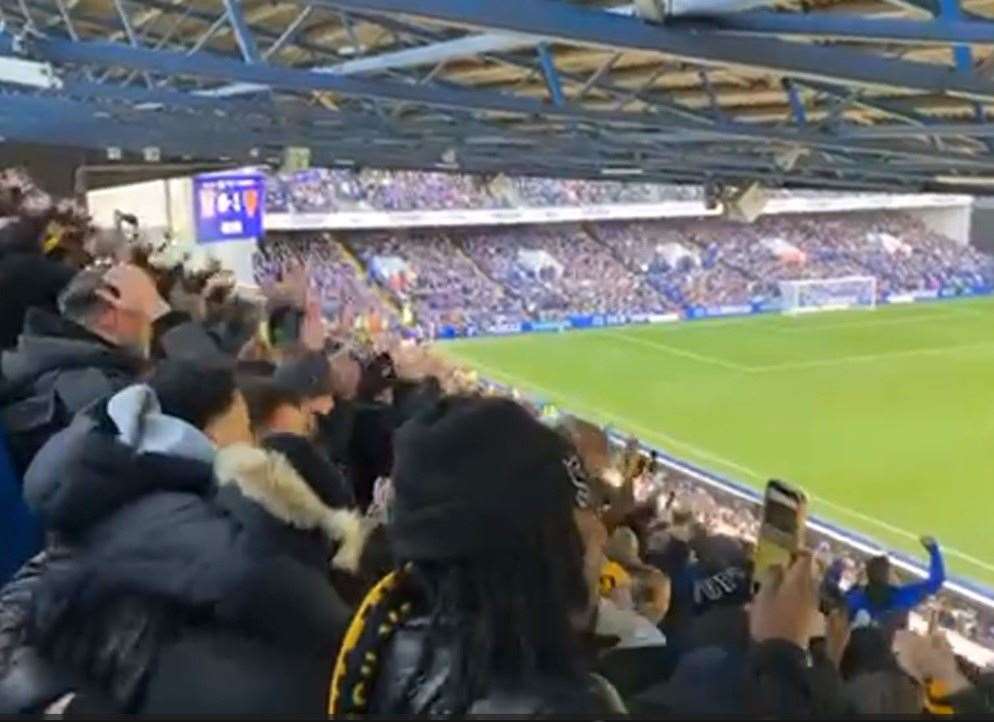 Maidstone fans celebrate the first goal from Lamar Reynolds in FA Cup fourth round against Ipswich Town