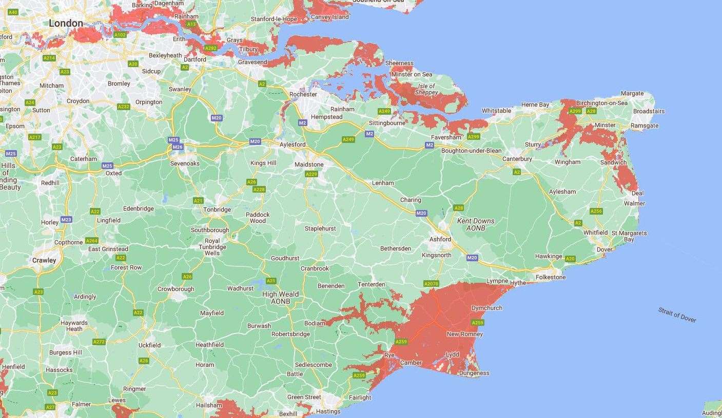 This map, from Climate Central, shows the impact by 2050 of a 1m sea level rise. The current projection is of 1.2m by that date. The red is areas which will be prone to potentially severe flooding