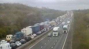 Queuing traffic on the M20 on the approach to the start of Operation Brock at Junction 8 this morning. Picture: National Highways