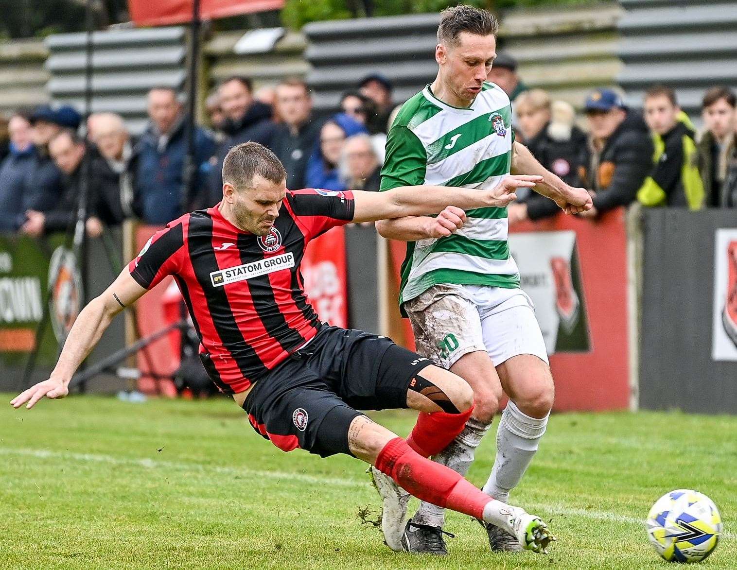 Corinthian’s progress is halted by Erith Town during Monday’s play-off final at Bayliss Avenue. Picture: Dave Budden