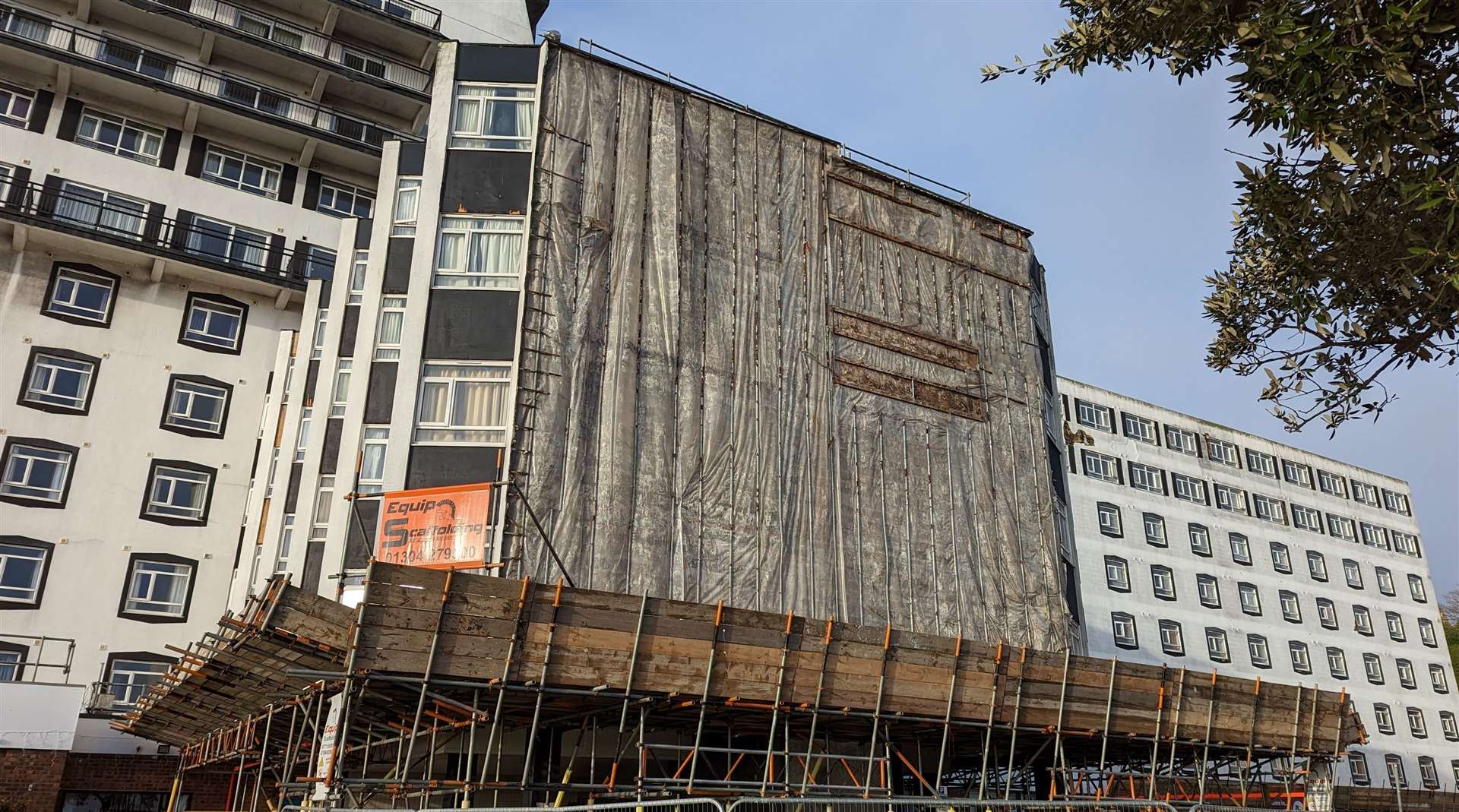 The Grand Burstin hotel in Folkestone harbour following the removal of the section of 'defective rendering'