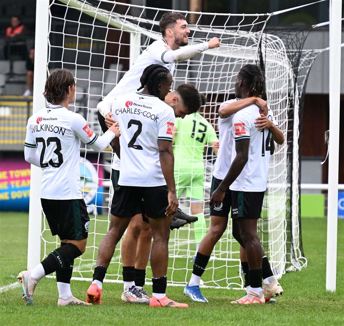 Dover celebrate their first goal against Dartford at Crabble. Picture: Barry Goodwin