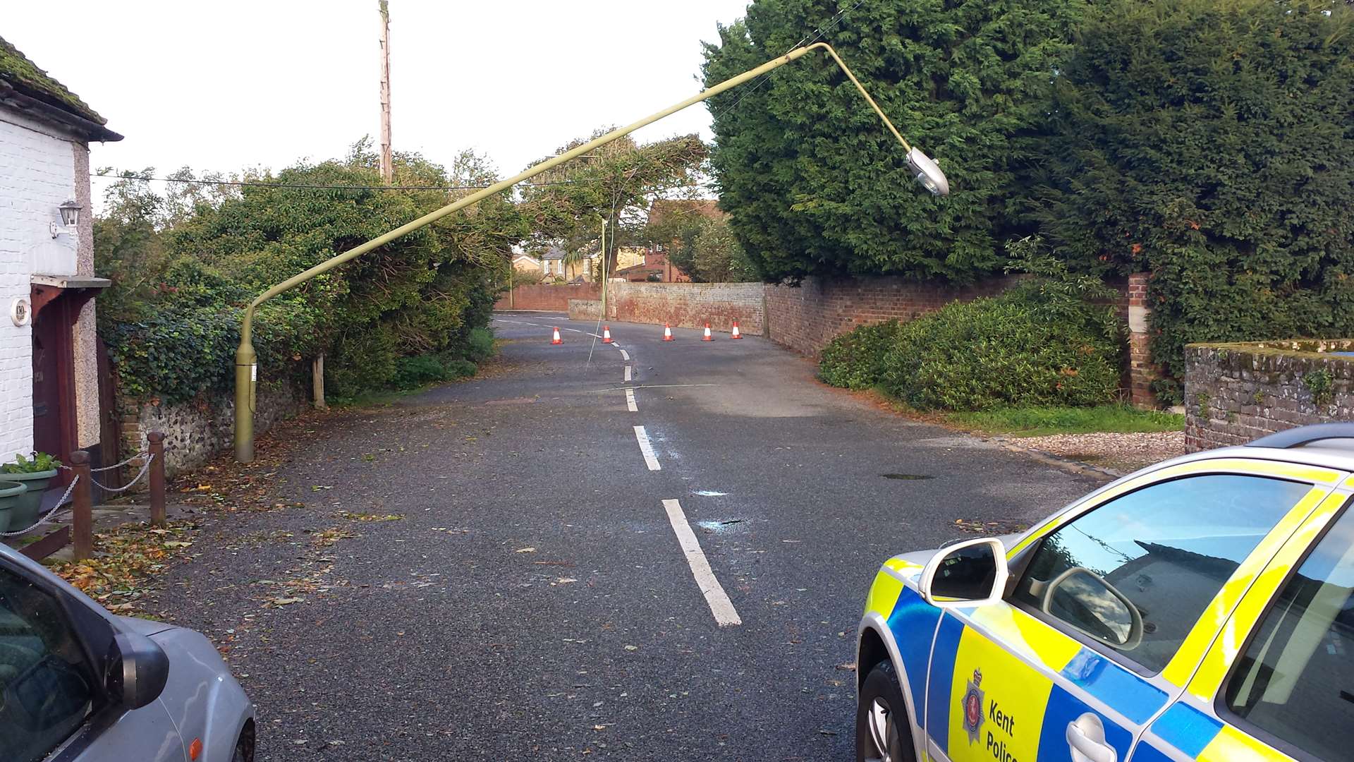 Lamp post blown down in Monkton Street, in Monkton, Thanet