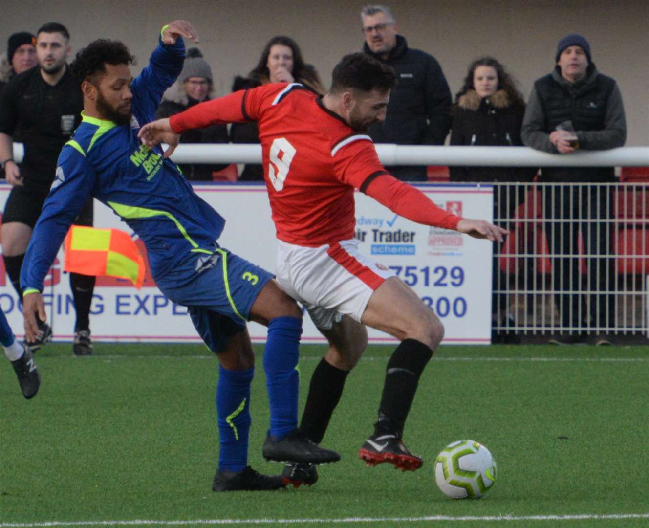 Chatham's Rob Denness holds the ball up in their 3-2 win against Hollands & Blair last Saturday. Picture: Chris Davey