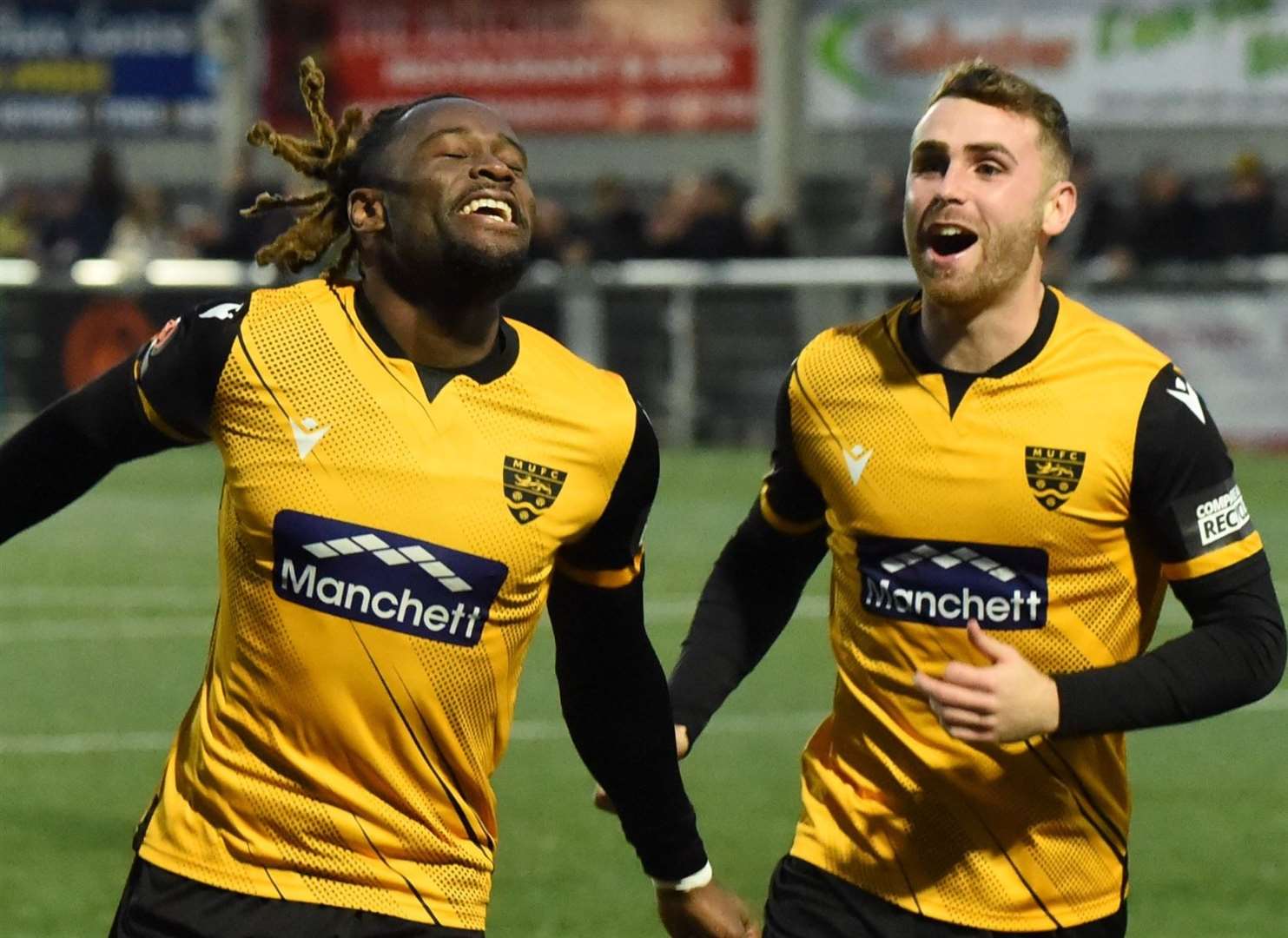 Christie Pattisson celebrates his goal against Maidenhead with George Fowler. Picture: Steve Terrell