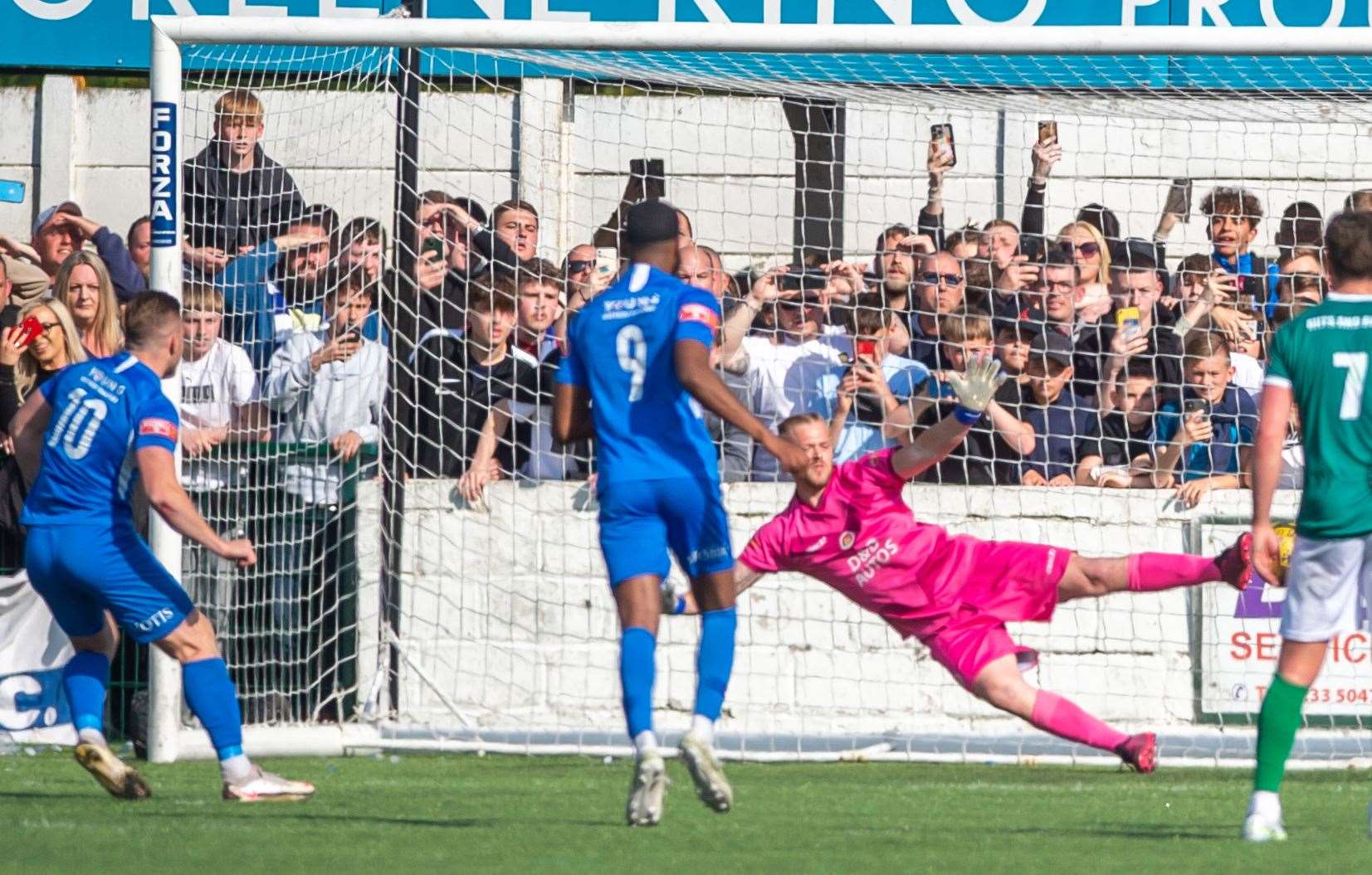 Herne Bay's Aaron Millbank scores to make it 2-0 in the Isthmian South East play-off final - his last competitive goal for the club. Picture: Ian Scammell