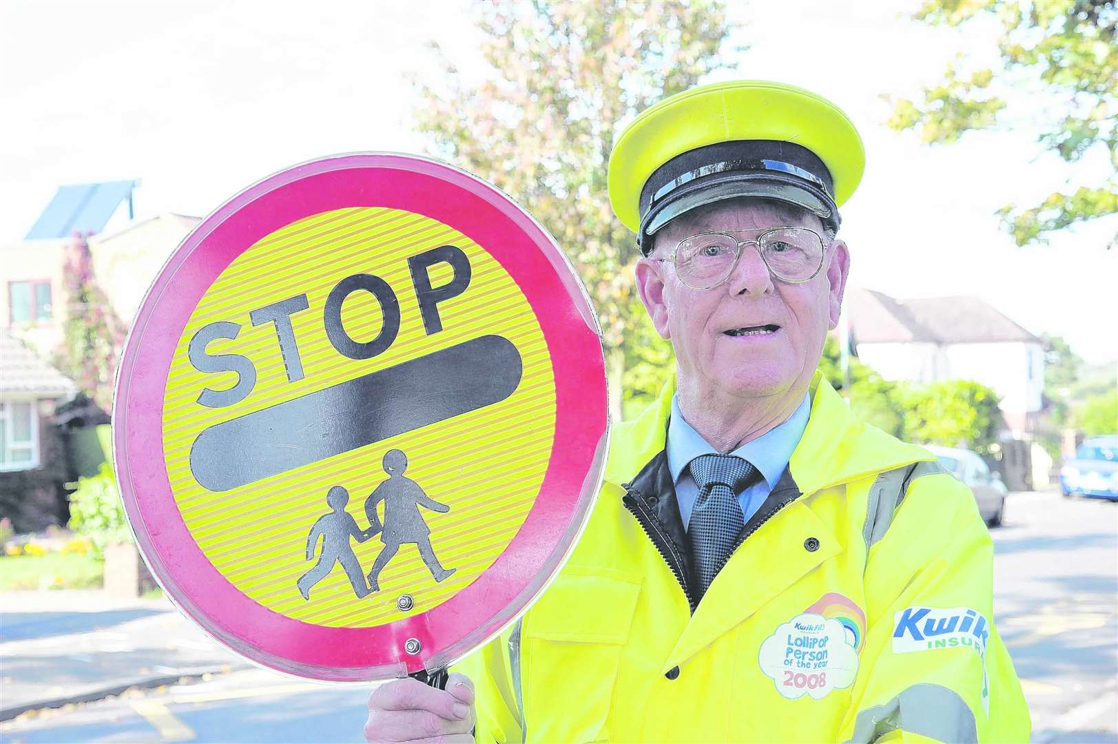 Bill Thomas outside Hempstead Infant School, Hempstead