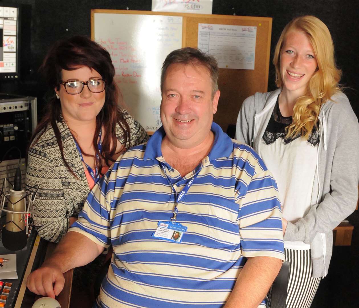 Presenters Claire Claringbold, left, and Rebecca Paterson with Mark Rogers at BRFM radio studios. Picture: Steve Crispe