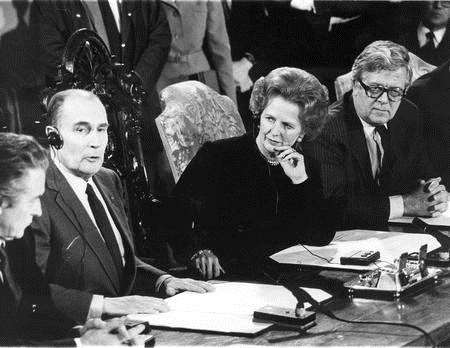 Prime Minister Margaret Thatcher signs the agreement that created the Channel Tunnel in 1986