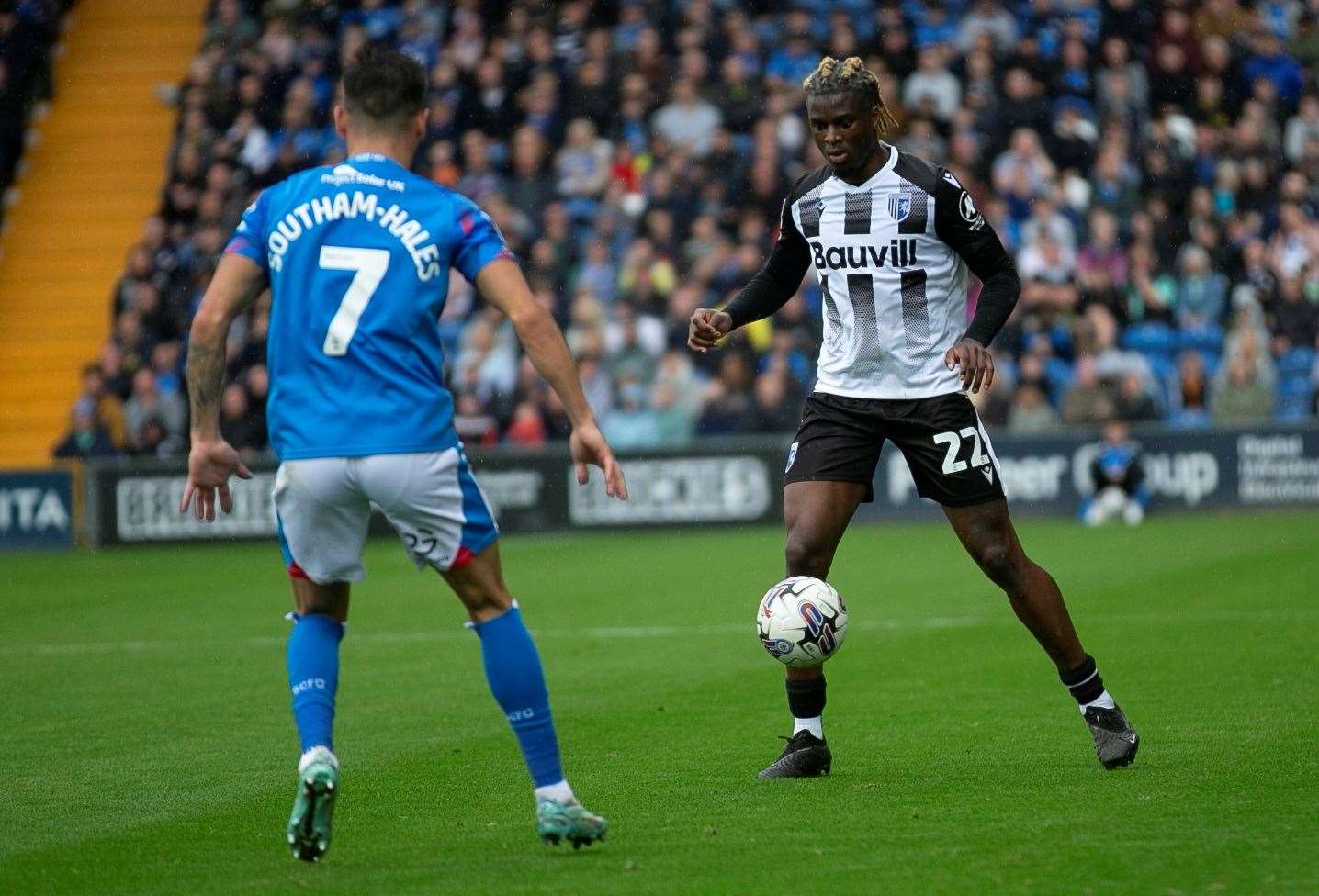 Shad Ogie impressed for Gillingham at Stockport. Picture: @Julian_KPI