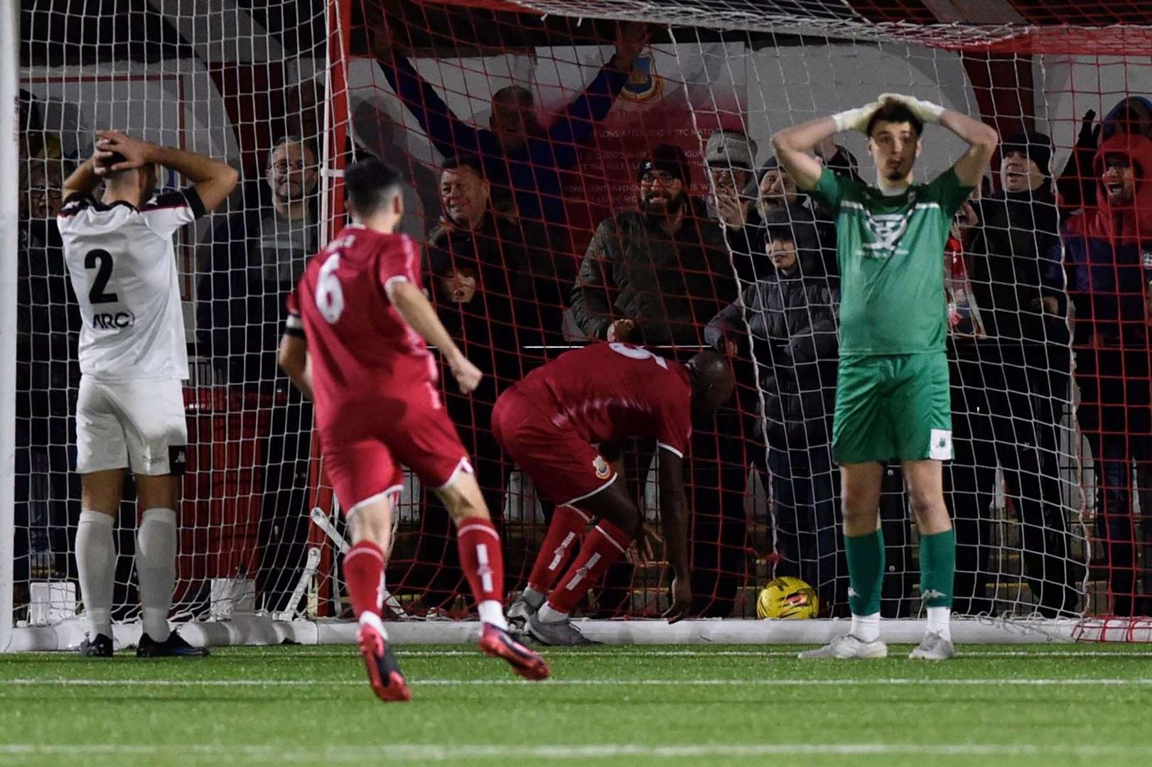 Faversham players have hands on heads as the Oystermen fight back and it finished 2-2 on Saturday. Picture: Ian Scammell