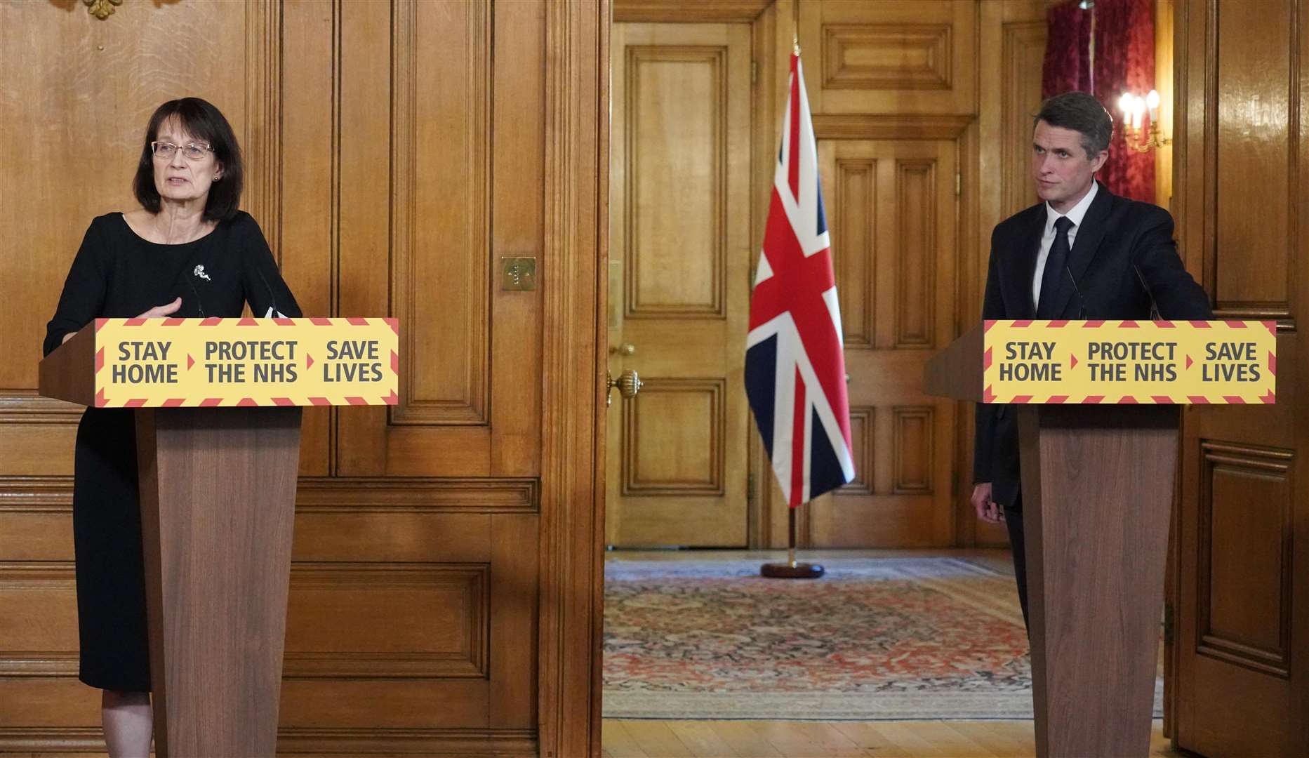 Education Secretary Gavin Williamson and deputy chief medical officer Dr Jenny Harries during the daily Downing Street press conference (PA Media)