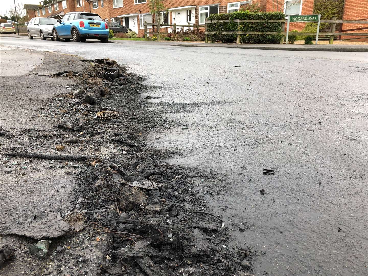 The debris remaining after a car fire on Jaggard Way, Staplehurst (7705742)