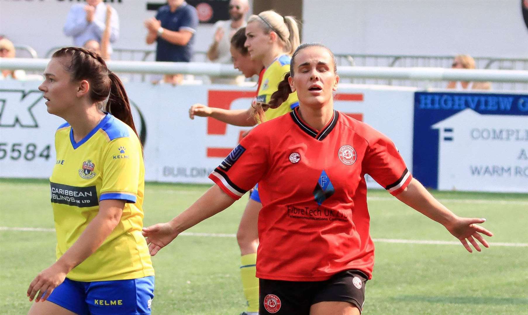 Darcy Wells celebrates scoring against AFC Sudbury in Sunday’s 5-1 win for Chatham Town Women. Picture: Allen Hollands