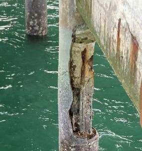 The concerning state of one of the supporting legs at Deal Pier. Picture: Dover District Council