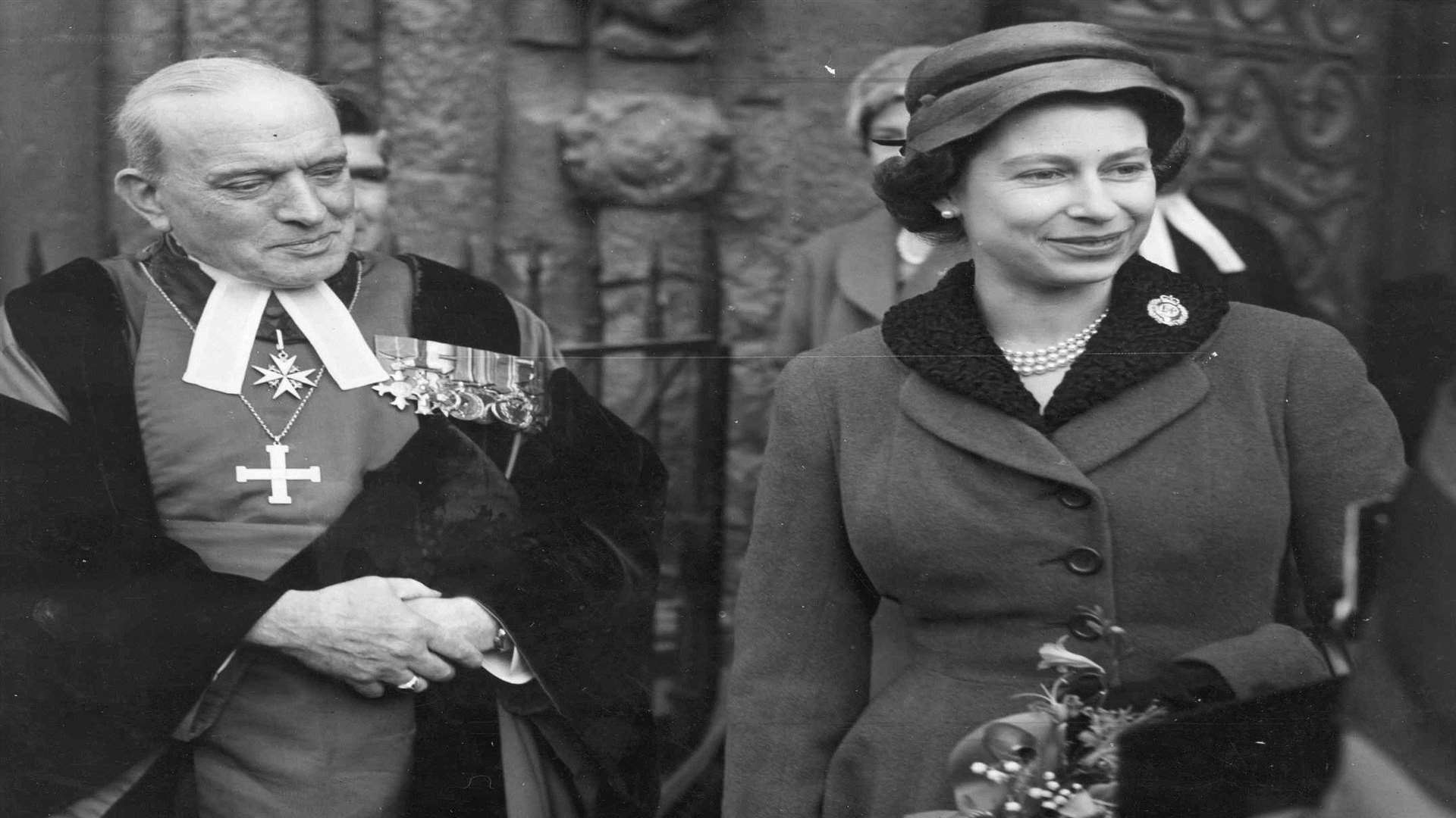 During a visit to Rochester the Queen made a brief visit to the cathedral. She is pictured with the Bishop, Dr C.M. Chavasse