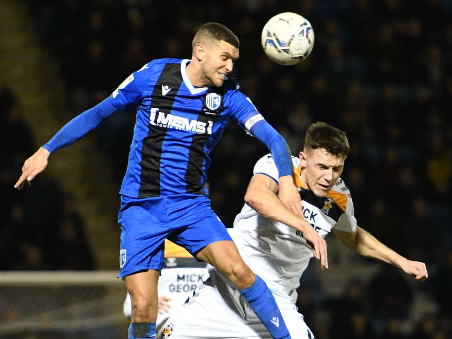 Gillingham captain Stuart O'Keefe gets up for the ball. Picture: Barry Goodwin