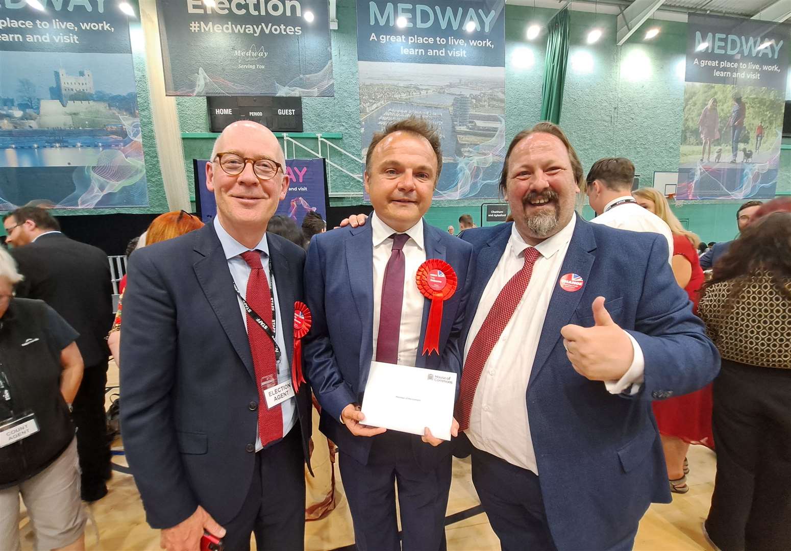 Tristan Osborne with former MP Jonathan Shaw, left, and Medway Council leader Vince Maple following the party's victory in Chatham and Aylesford