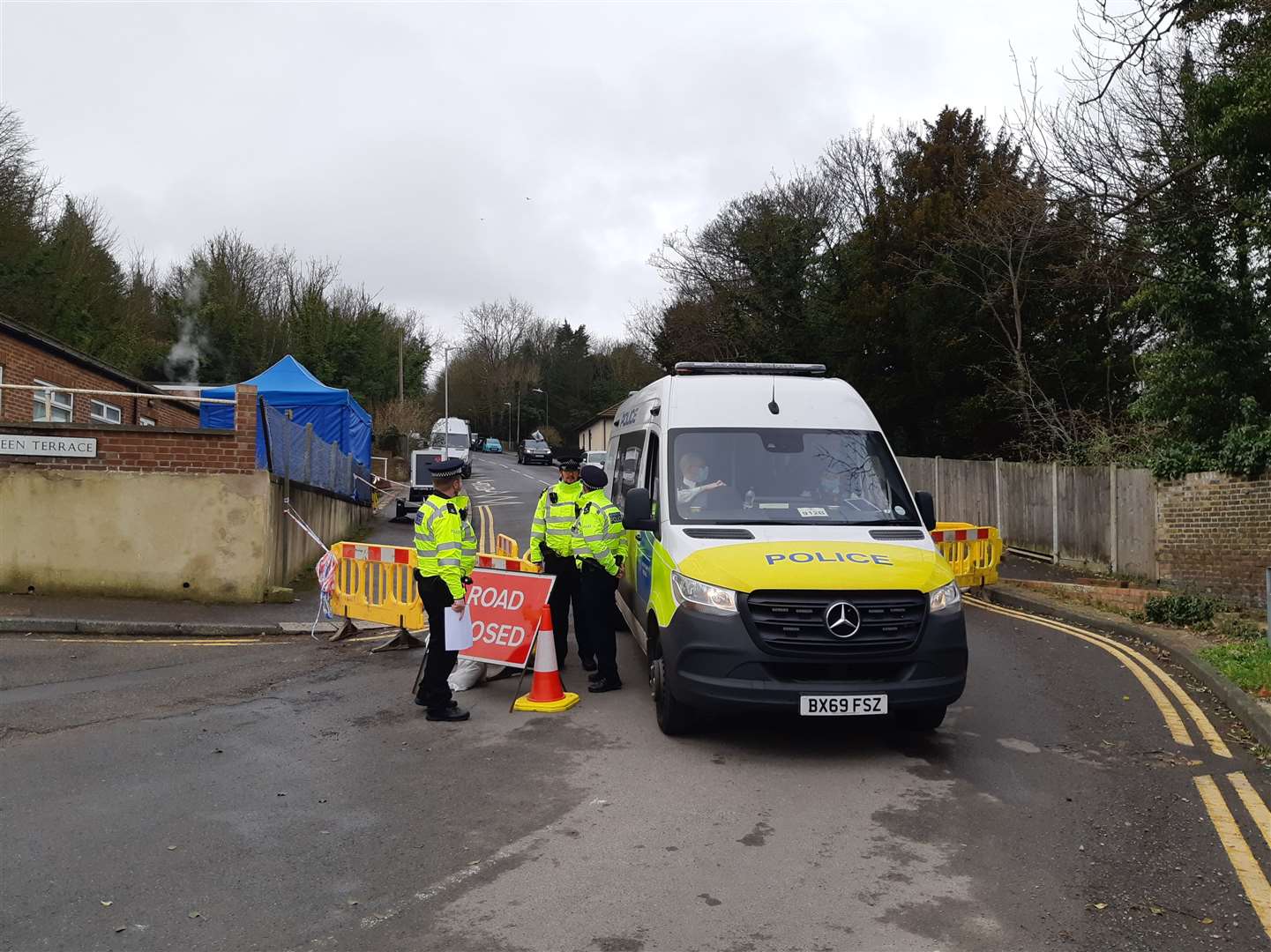 Met officers last March sealing off North Military Road where Couzens had changed cars when kidnapping Ms Everard. Picture: Sam Lennon