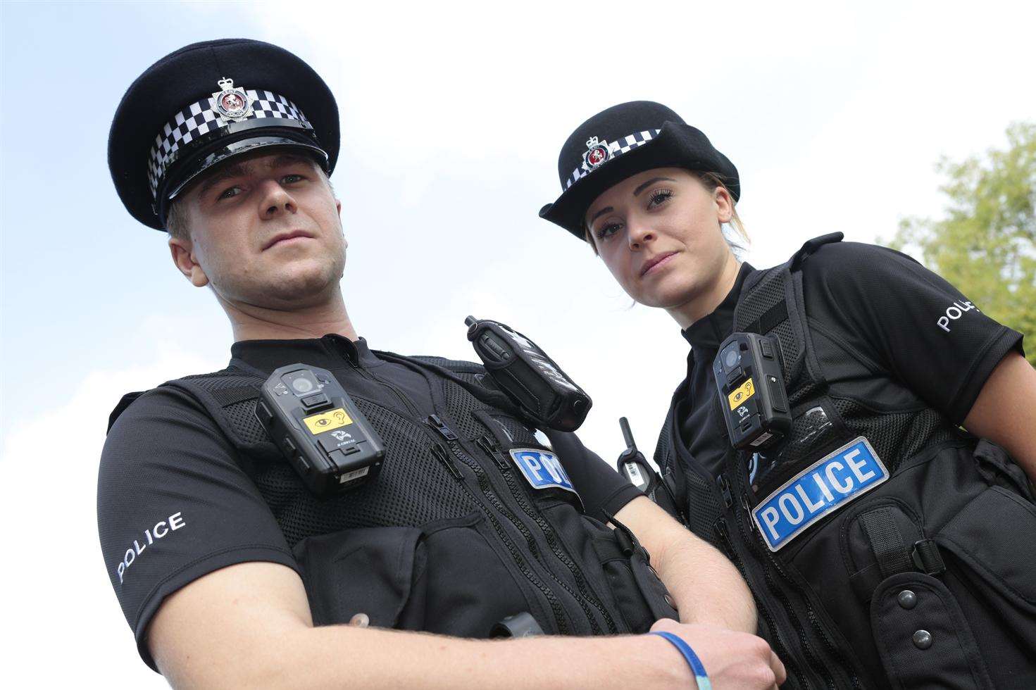 PC Oliver Smith and PC Kirsten Jones wearing the video cameras.