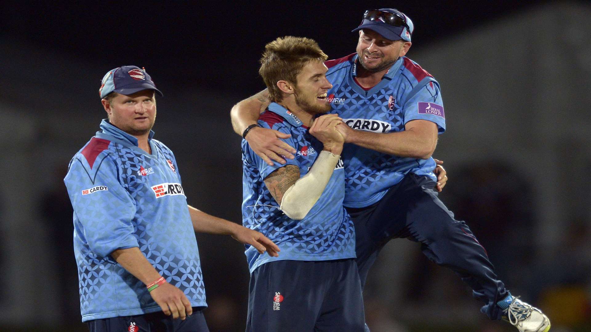 Ben Harmison is mobbed by Darren Stevens after claiming a wicket in last season's Royal London One-Day Cup quarter-final. Picture: Ady Kerry.