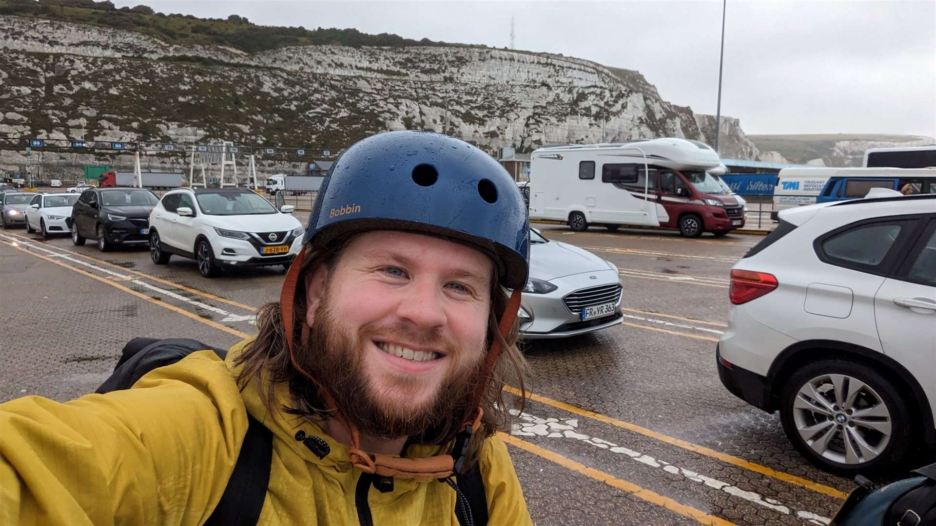 Reporter Rhys Griffiths waiting to board the DFDS ferry from Dover to Dunkirk