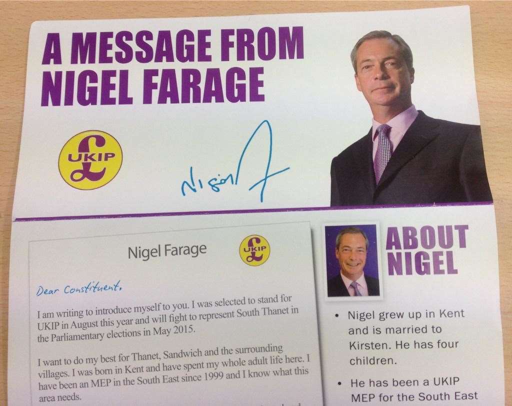 Nigel Farage South Thanet candidate leaflets delivered to homes in Betteshanger