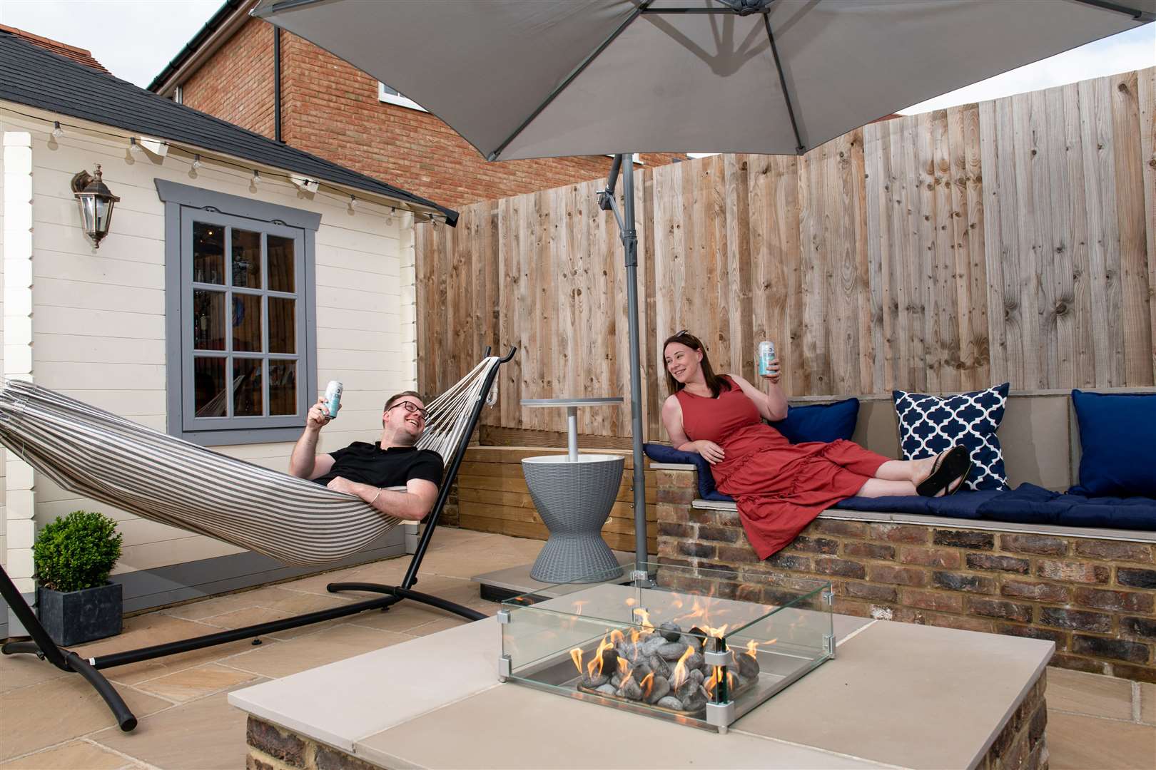 Aldi Alfresco winners Aaron and Jo taking it easy in their garden in Hoo