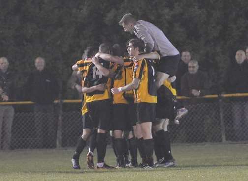 Folkestone celebrate the winning goal Picture: Gary Browne