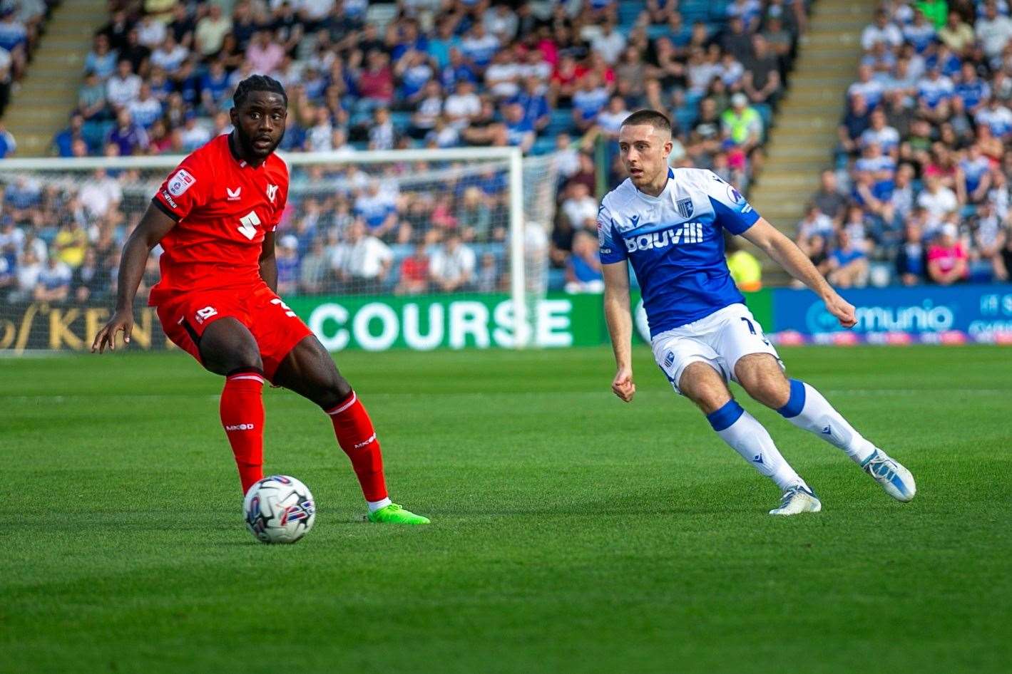 Dom Jefferies in action for Gillingham against MK Dons in the last home game Picture: @Julian_KPI