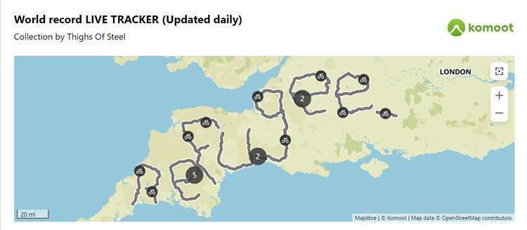 Komoot showing the cycle route taken to spell out Refugees Welcome. Photo: David Charles/Georgie Cottle/PA