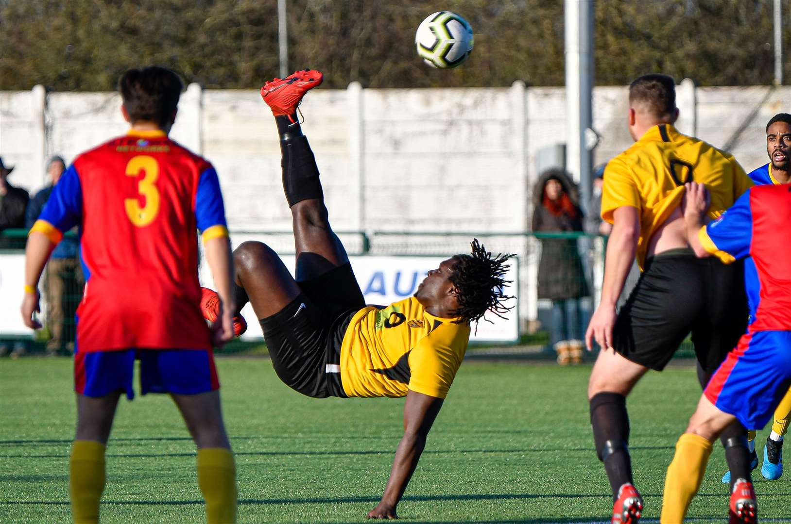 A flying Regan Mendes in action for Kennington at Homelands last February. Picture: Paul Davies