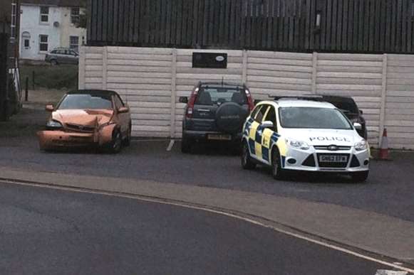 The car after it had crashed into wall of the brewery.