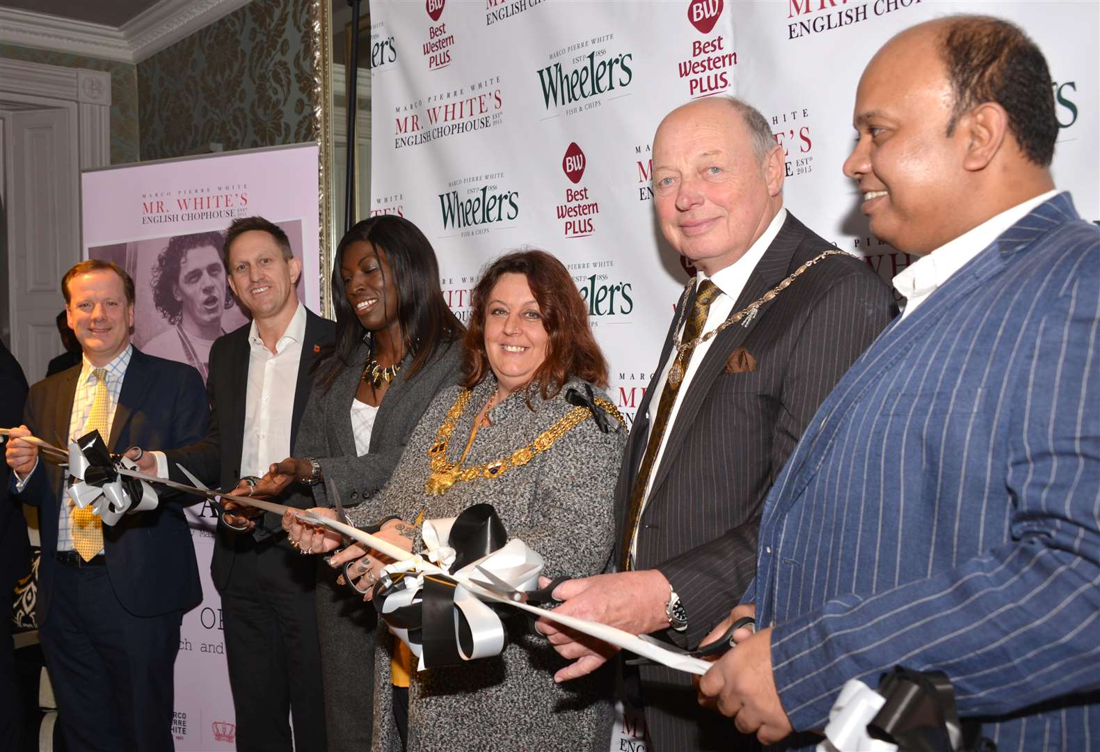 The grand opening. From left, Mr Elphicke, Mr Paterson, Ms Diegnan, Cllr Jones, Cllr Hannent and Mr Rajaseelan at the opening of the new Mr White’s Chophouse. Picture: Dover Marina Hotel