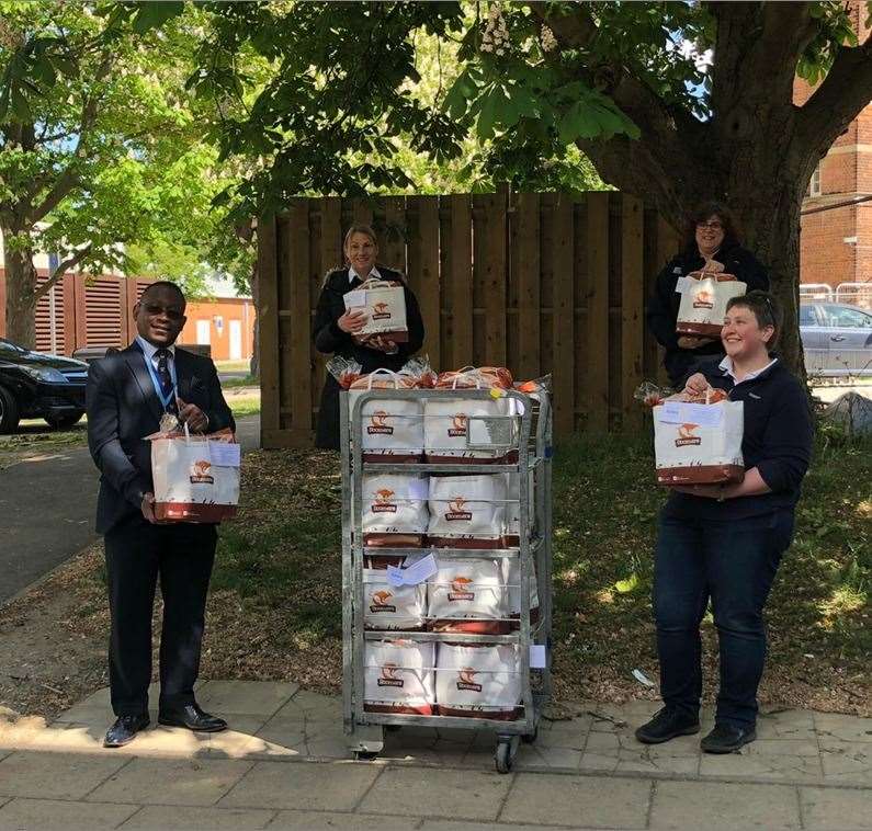 From left to right: Mayor of Medway Cllr Habib Tejan, Tracey Brooks Boomers Cafe, Chatham Outlet Centre, Gina Carpenter Medway Sunlight Rotary Club, Laura Dyson, Boomers Cafe.